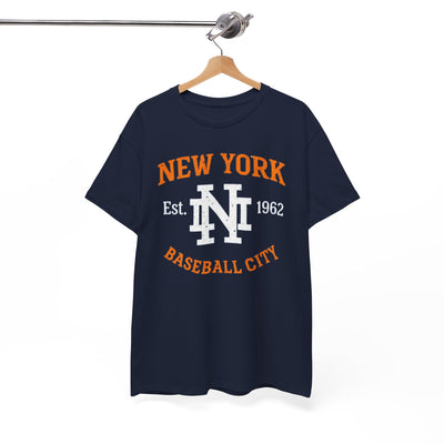Navy blue t-shirt with 'New York Baseball City' text and logo on a hanger against a white background