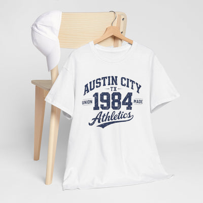 Lavender Austin City 1984 Athletics Tee — Vintage Collegiate Graphic T-Shirt