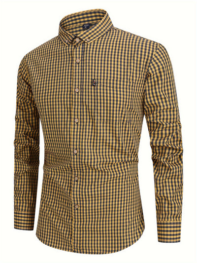 Dim Gray Kingstiger Men's casual slim cotton plaid shirt, Casual Breathable Lapel Button Up Long Sleeve Shirt Top for City Walk Street Hanging Outdoor Activities