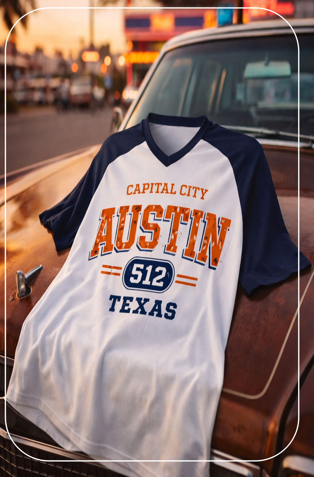 White and navy t-shirt with 'Capital City Austin Texas 512' text on a classic car.