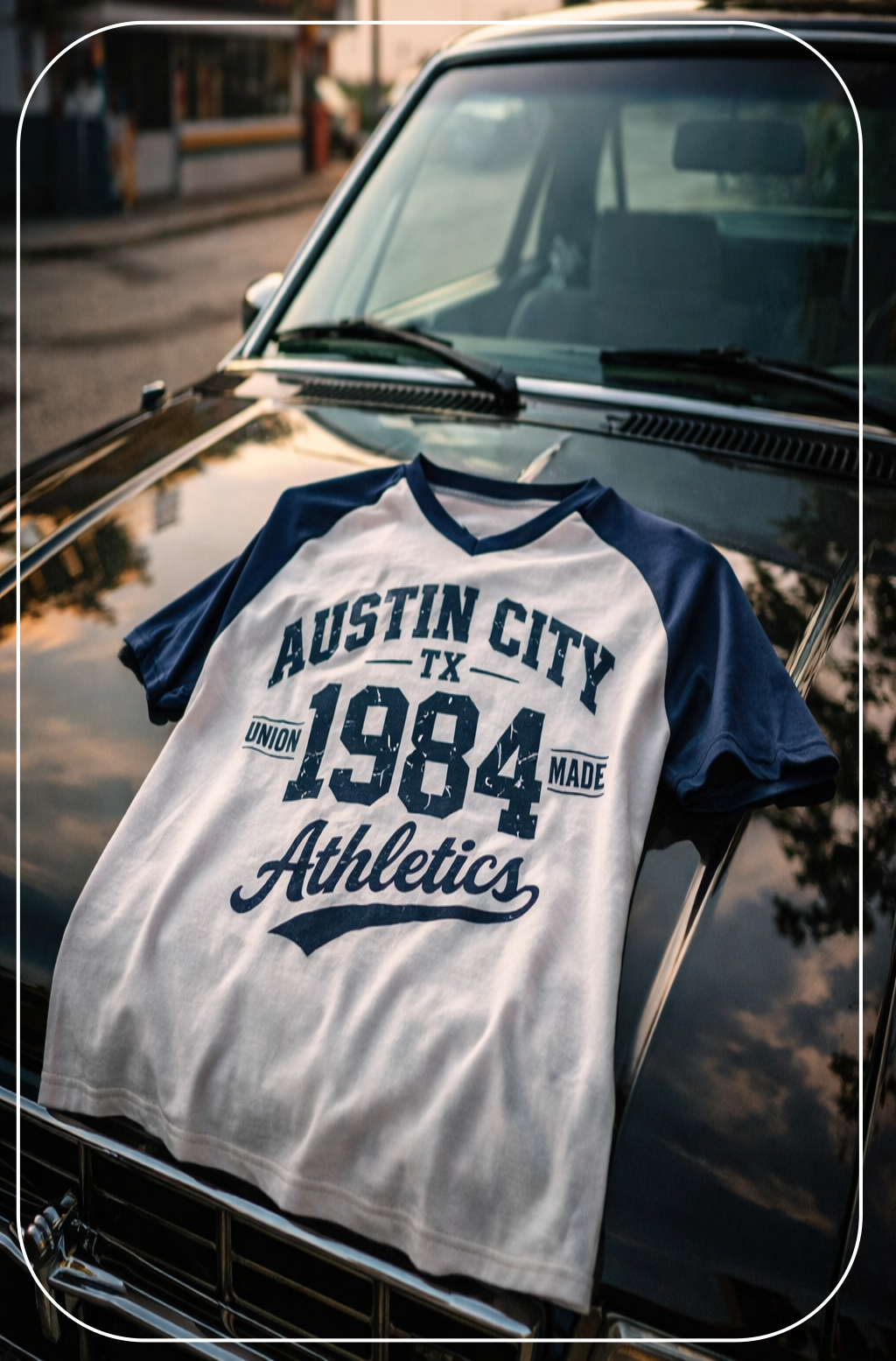 White and blue t-shirt with 'Austin City TX 1984 Made Athletics' text on a car hood.