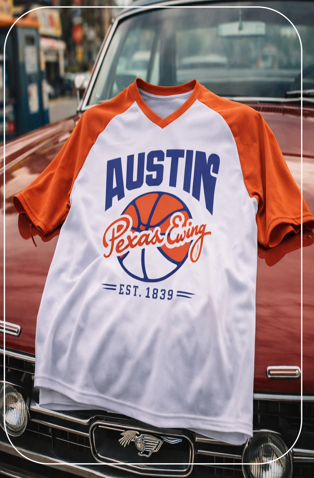 White and orange baseball shirt with 'Austin' and 'Pekas Ewing' text on a classic car.