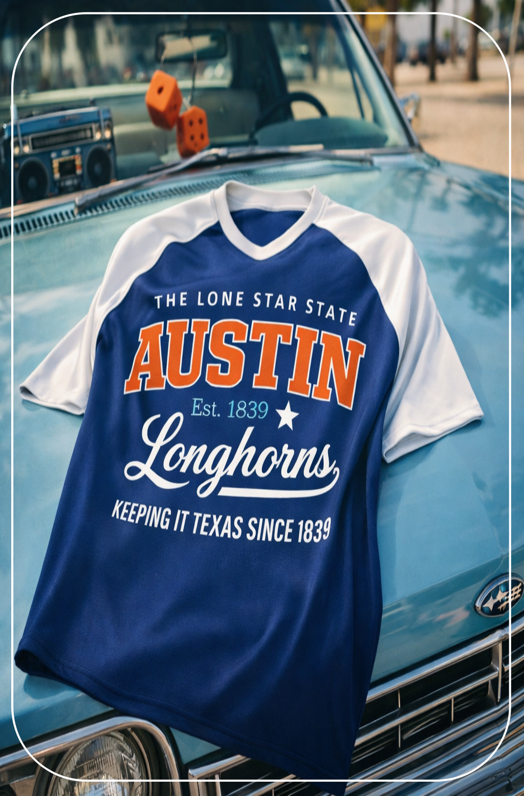 Blue and white 'Austin Longhorns' shirt on a classic car