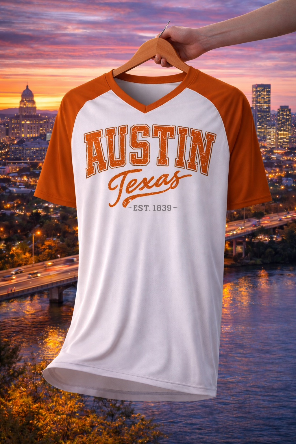 White and orange 'Austin Texas' t-shirt on a hanger with a cityscape background