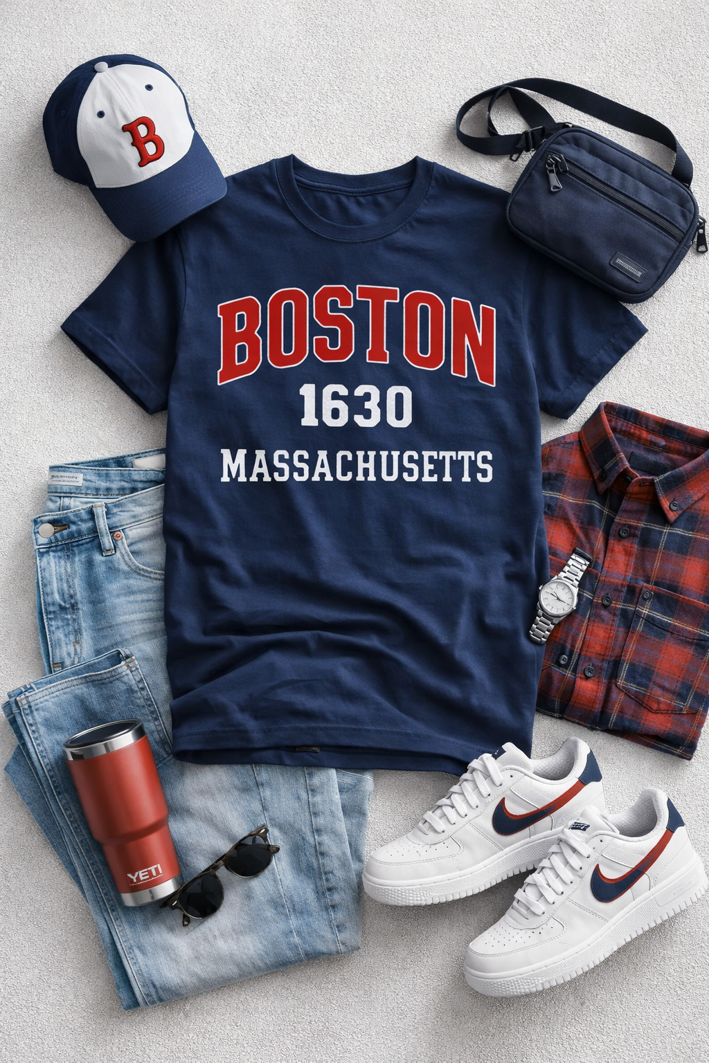 Navy t-shirt with 'Boston 1630 Massachusetts' text, white sneakers, jeans, plaid shirt, cap, and red cup on a light gray background.