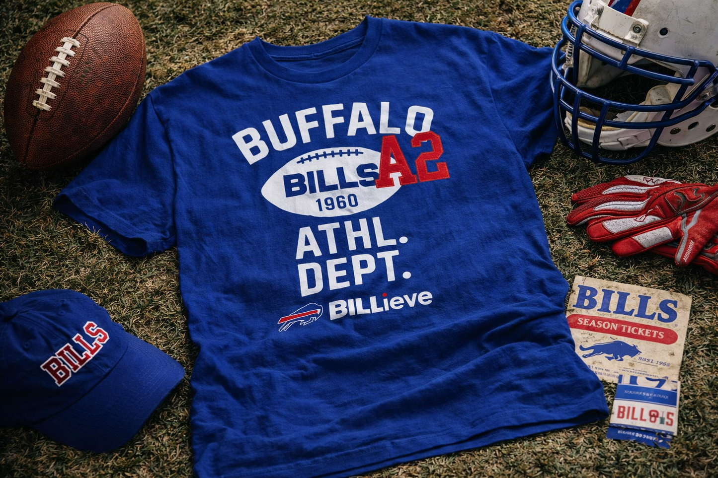 Blue Buffalo Bills t-shirt with sports equipment on a grassy background