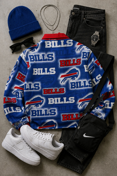 Buffalo Bills-themed sweatshirt with accessories on a gray surface