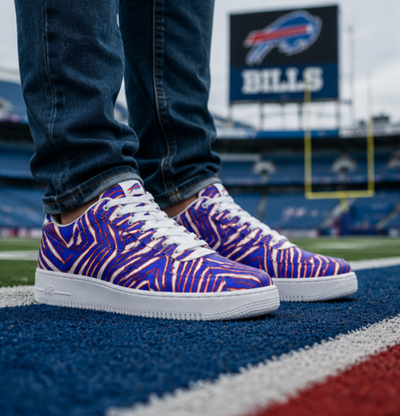 Person wearing blue and purple patterned sneakers on a sports field with 'Bills' branding.