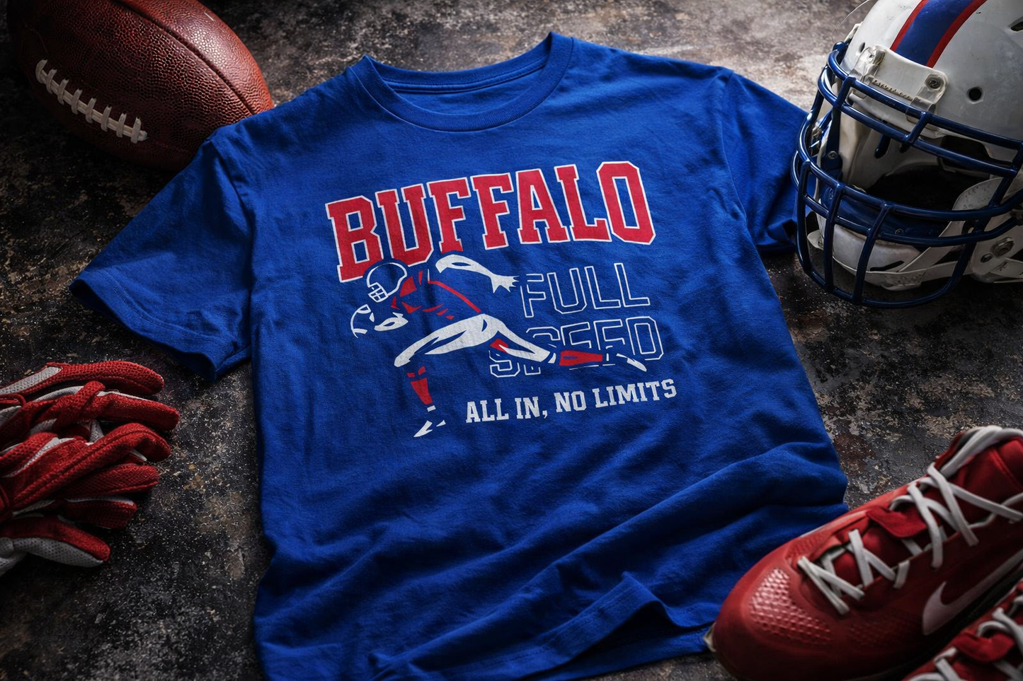 Blue t-shirt with 'Buffalo Full Speed' text and graphics, surrounded by football equipment on a dark surface.