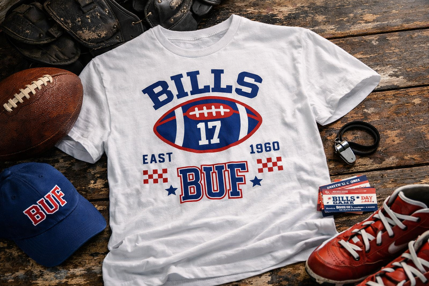 White t-shirt with 'Bills' and football design on a wooden surface with sports-themed items.