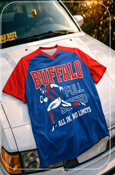 Blue and red sports jersey with 'Buffalo' text on a car hood