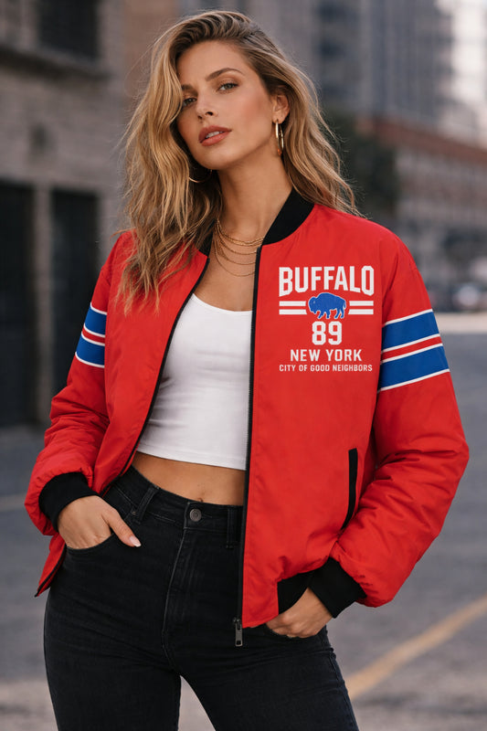 🔴 Buffalo Red Bomber Jacket – Unisex Vintage Football Style New York 89