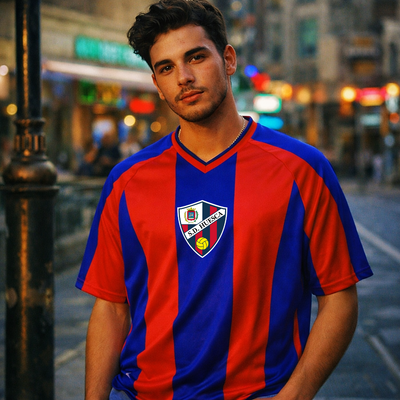 Man wearing a red and blue striped jersey with a logo on a city street.