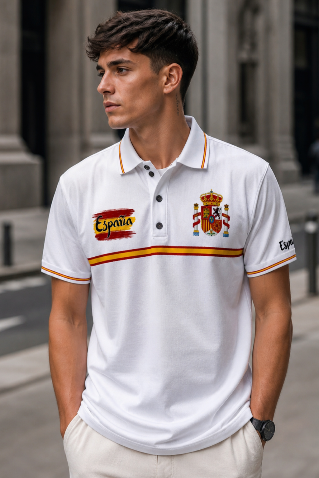 Man wearing a white polo shirt with 'España' branding in an urban setting