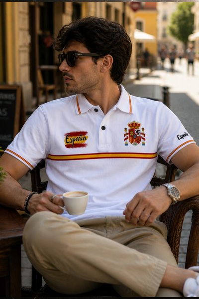 Man wearing a white polo shirt with Spanish flags and holding a cup outdoors.