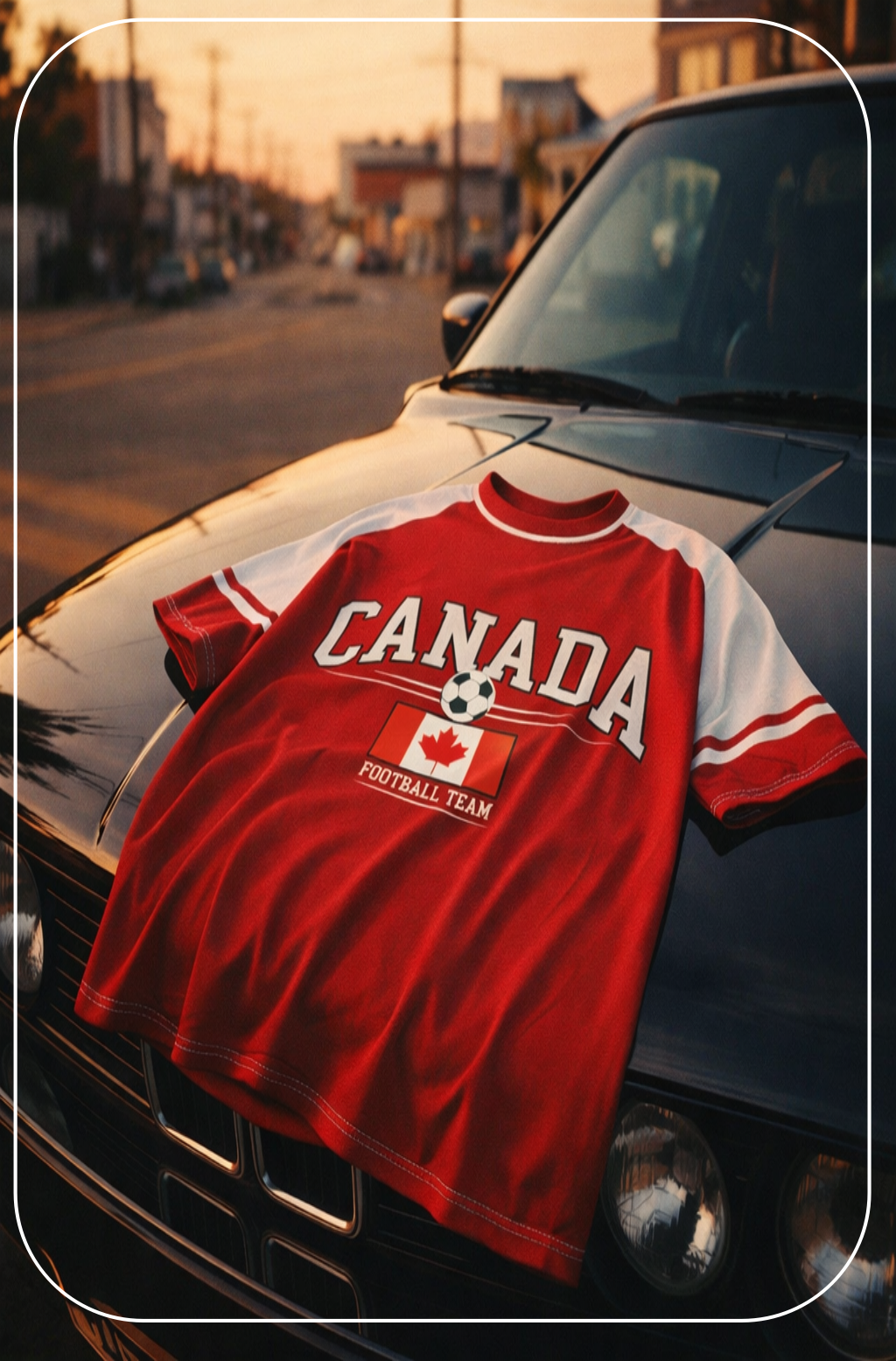Red 'Canada Football Team' jersey on a car hood with a sunset background