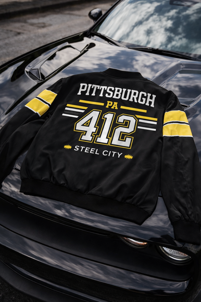 Black Pittsburgh 412 Steel City Varsity Bomber Jacket