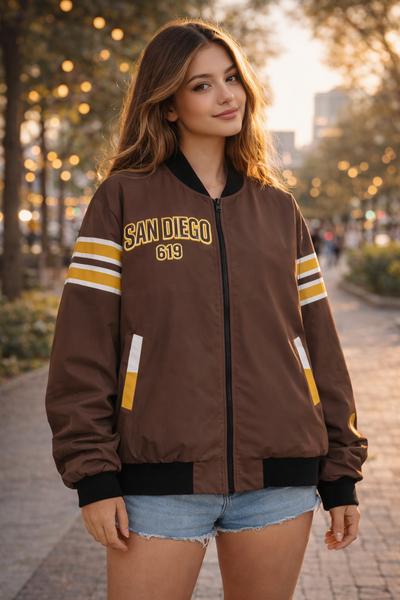 Dark Olive Green San Diego 619 Varsity Bomber Jacket โ Streetwear Baseball-Inspired Edition