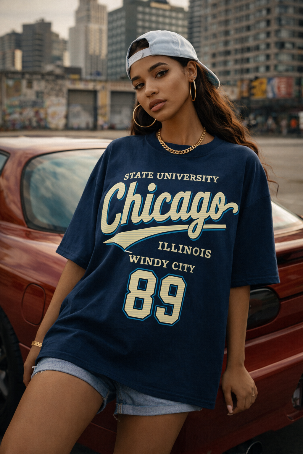 Person wearing a navy blue 'State University Chicago' t-shirt with a cityscape in the background.