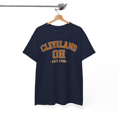 Navy blue t-shirt with 'Cleveland OH EST. 1796' text on a hanger against a white background