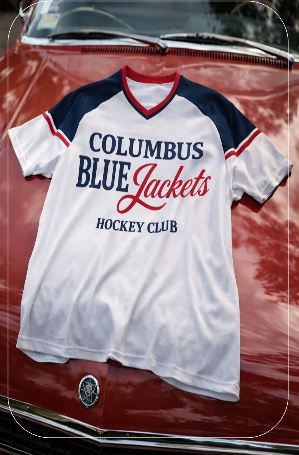 Columbus Blue Jackets hockey club jersey on a vintage car hood