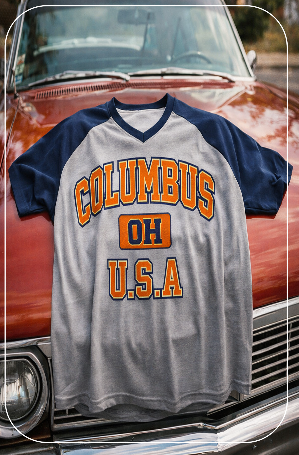 Gray and navy baseball shirt with 'Columbus OH U.S.A' text on a classic car.