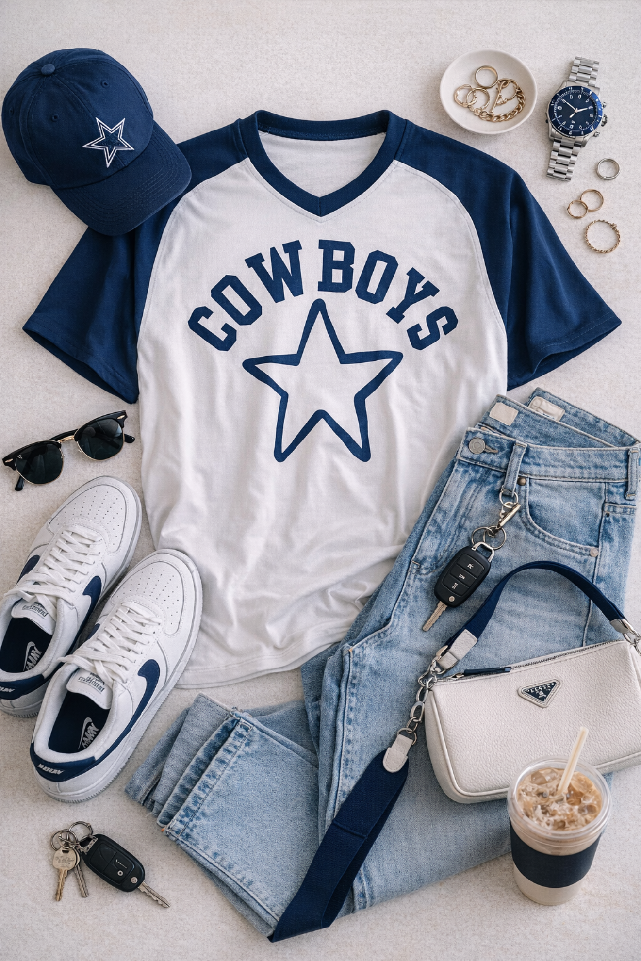 Cowboys-themed outfit with white and blue shirt, jeans, sneakers, and accessories on a light background