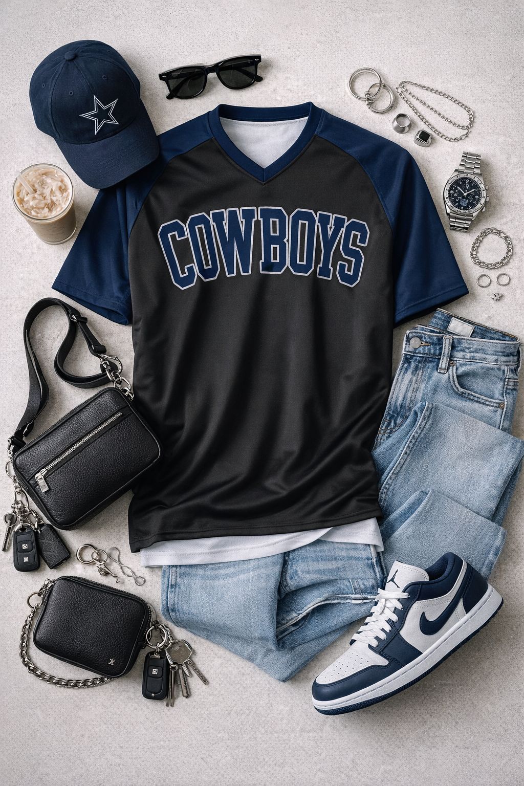 Collection of clothing and accessories including a 'COWBOYS' shirt, jeans, shoes, and bags on a light background.