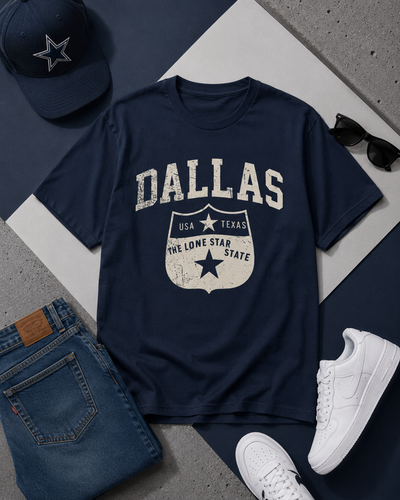Navy blue t-shirt with 'Dallas' and star design, paired with jeans, white sneakers, and a cap on a gray surface.