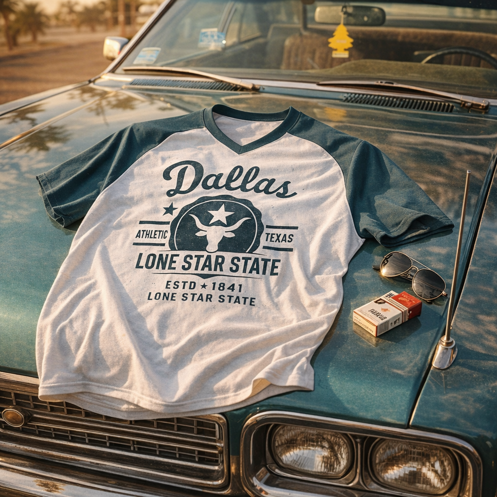 White t-shirt with 'Dallas Lone Star State' design on a classic car hood.