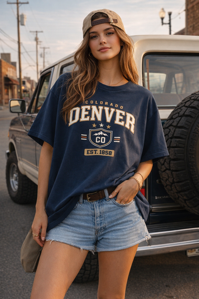 Woman wearing a 'Colorado Denver' t-shirt standing in front of a vehicle.