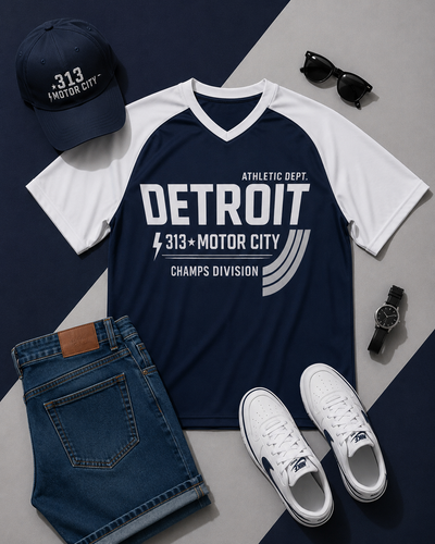 Navy and white t-shirt with 'Detroit' text, cap, jeans, sneakers, and sunglasses on a gray surface.