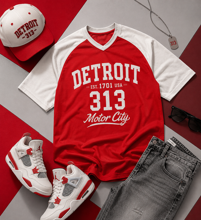 Red and white t-shirt with 'Detroit 313' design, paired with a cap, sneakers, and jeans on a red and gray background.