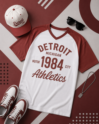 White and red t-shirt with 'Detroit Michigan Motor 1984 City Athletics' text, accompanied by a cap, sunglasses, and sneakers on a patterned surface.