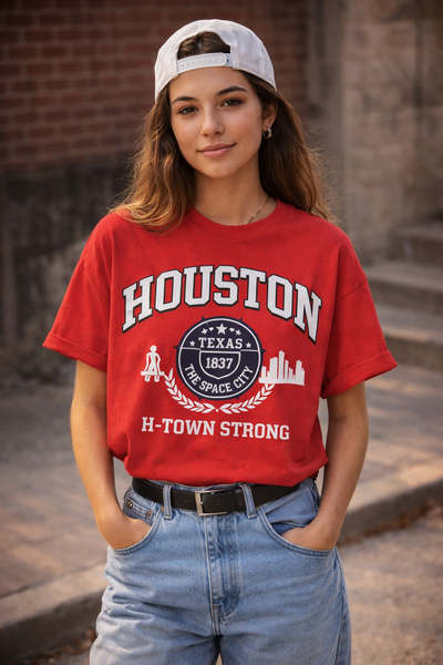 Person wearing a red 'Houston Texas' t-shirt with a cap and jeans.