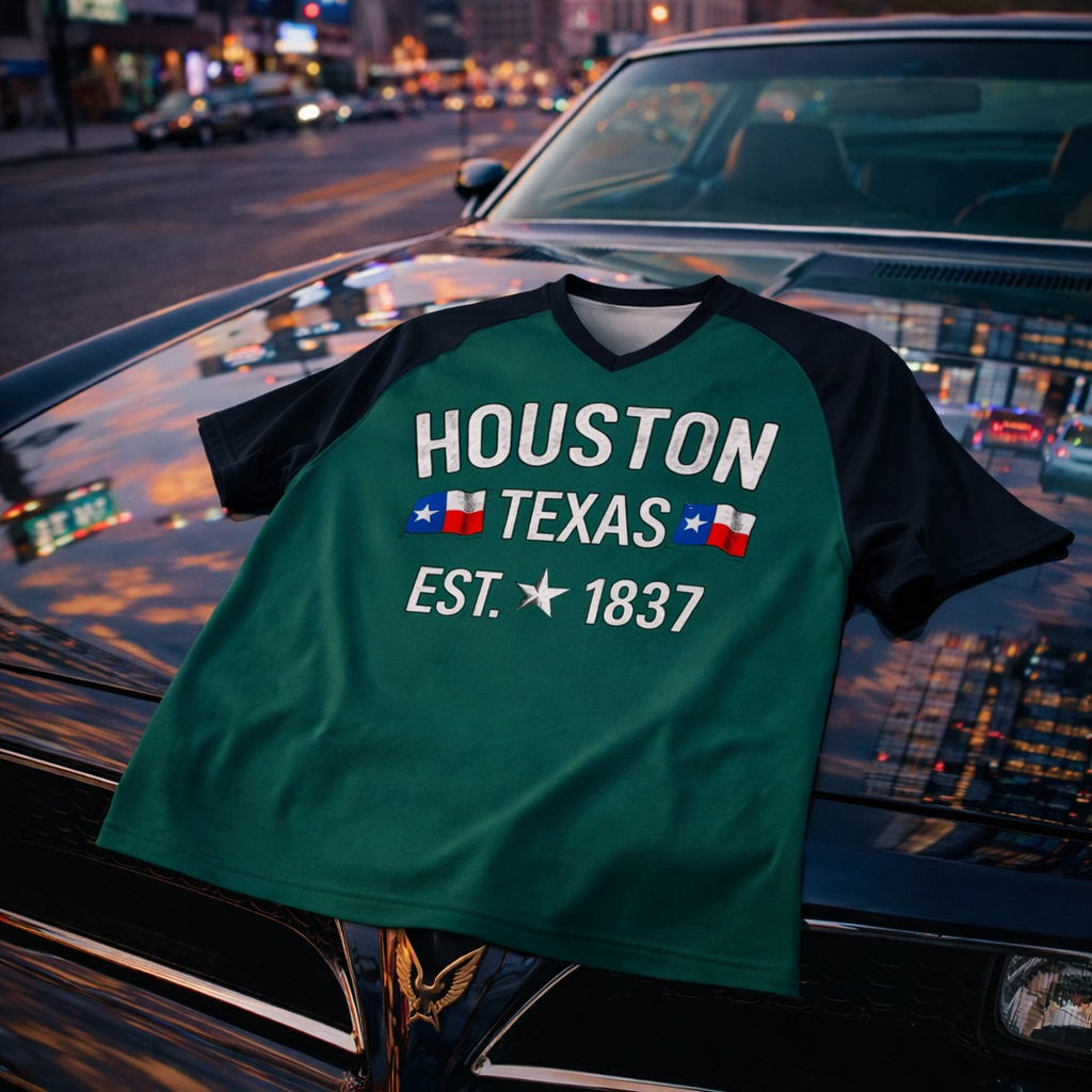 Green and black t-shirt with 'Houston Texas Est. 1837' text on a car hood at night.