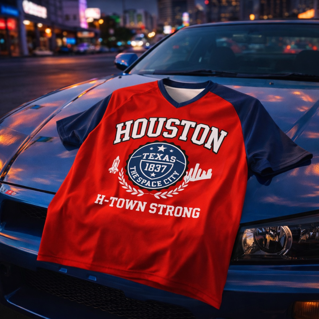 Red and blue 'Houston Strong' t-shirt on a car hood with cityscape background
