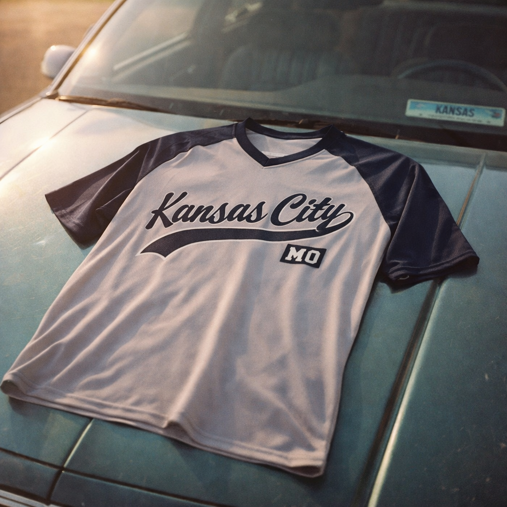 White and navy baseball shirt with 'Kansas City MO' printed on a car hood