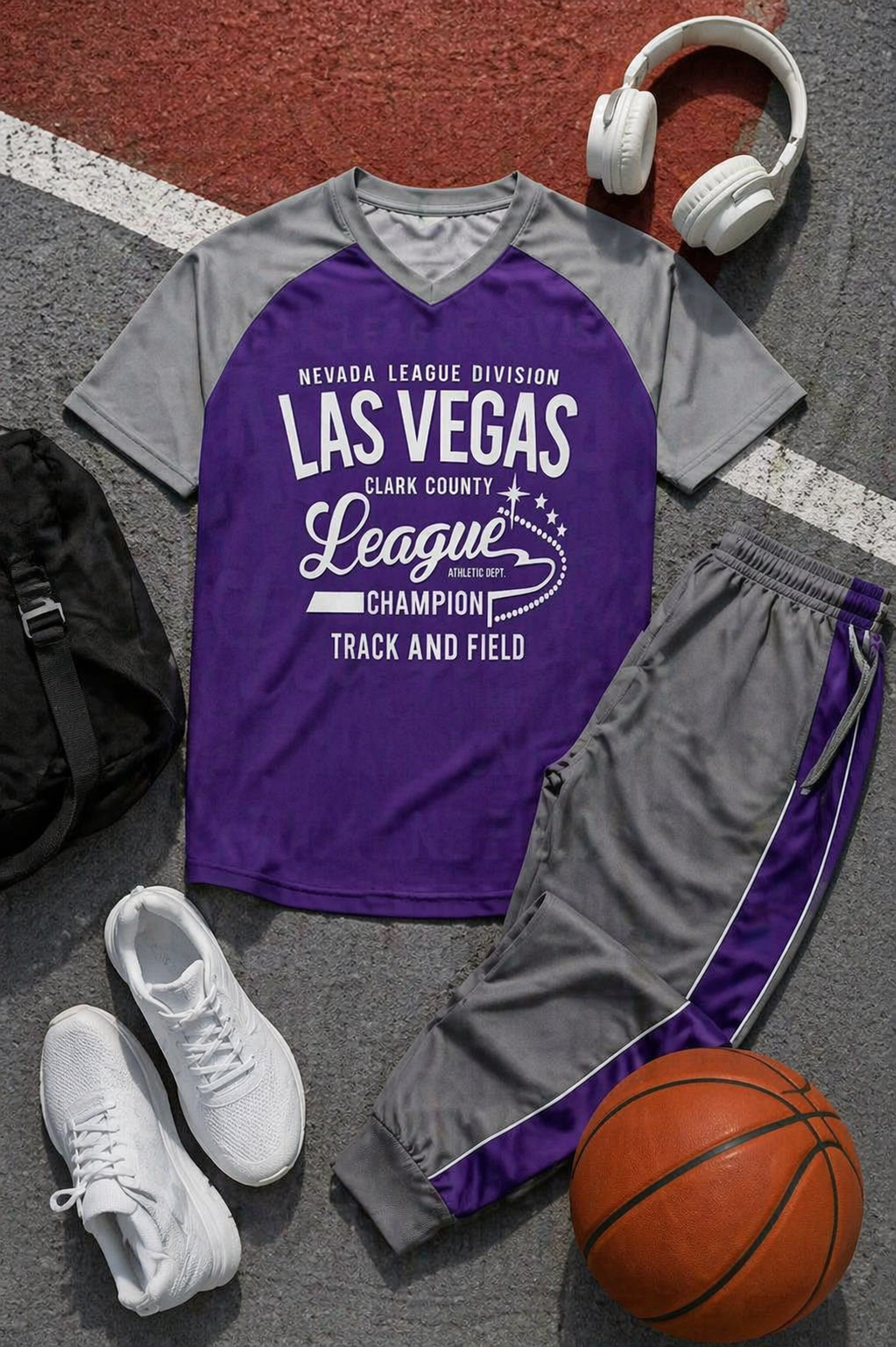 Purple and gray sports outfit with 'Las Vegas' text, white sneakers, basketball, and headphones on a gray surface.
