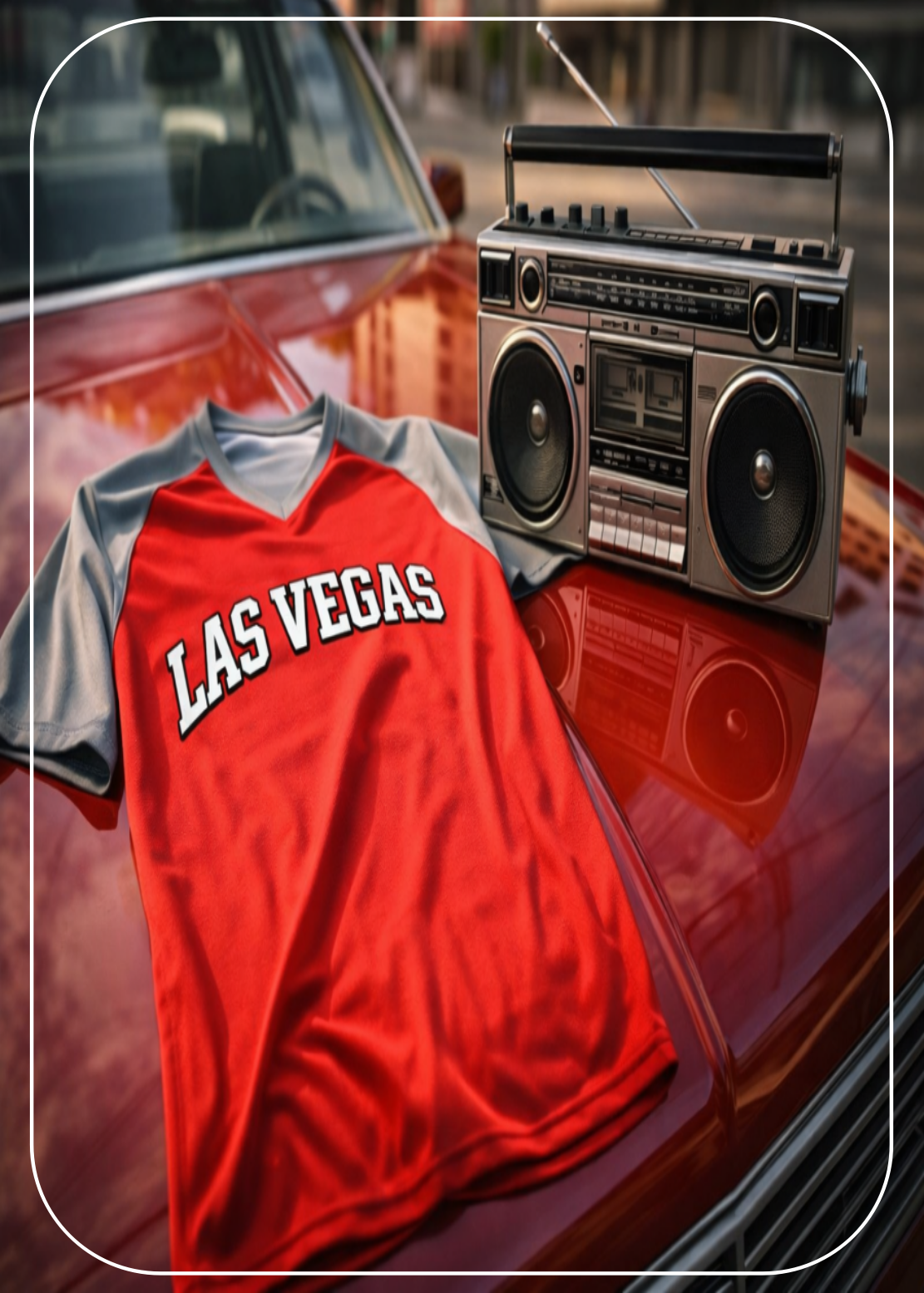 Red 'Las Vegas' t-shirt and vintage boombox on a car hood
