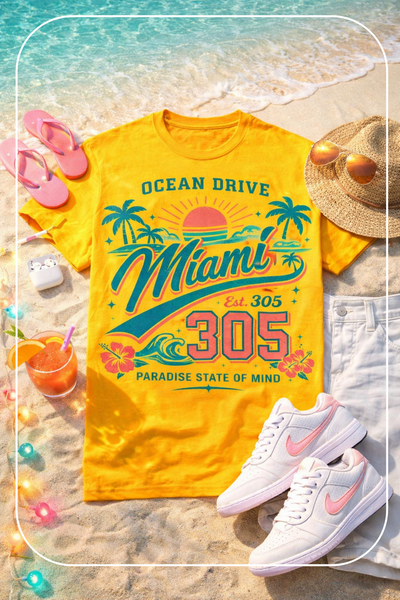 Gold Miami 305 Ocean Drive T-Shirt – Retro Beach Streetwear Paradise Tee
