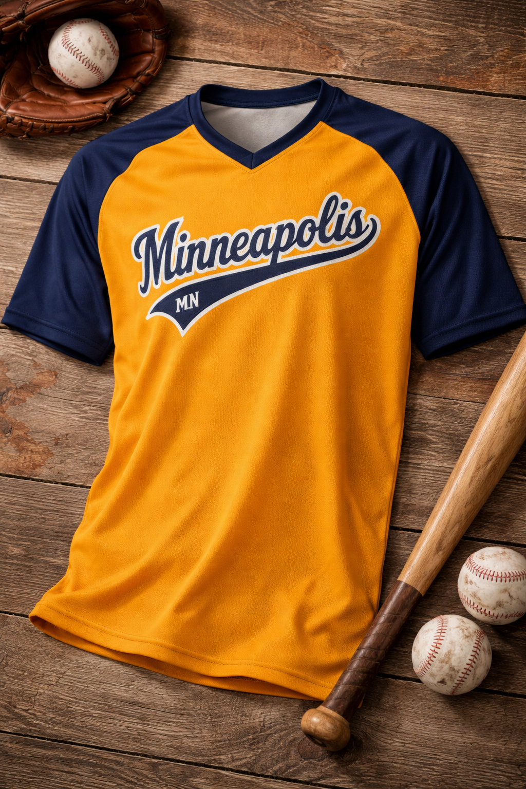 Yellow and navy baseball jersey with 'Minneapolis MN' text on a wooden surface with baseball equipment.