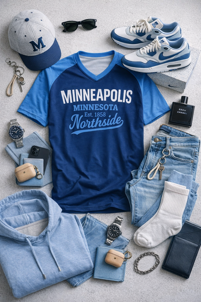 Minneapolis Minnesota Northside V-Neck T-Shirt – Vintage Athletic City Shirt Blue Raglan Tee
