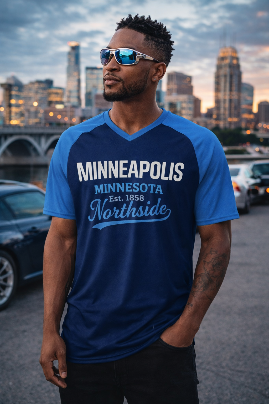 Man wearing a blue 'Minneapolis Minnesota Northside' t-shirt with city skyline in the background