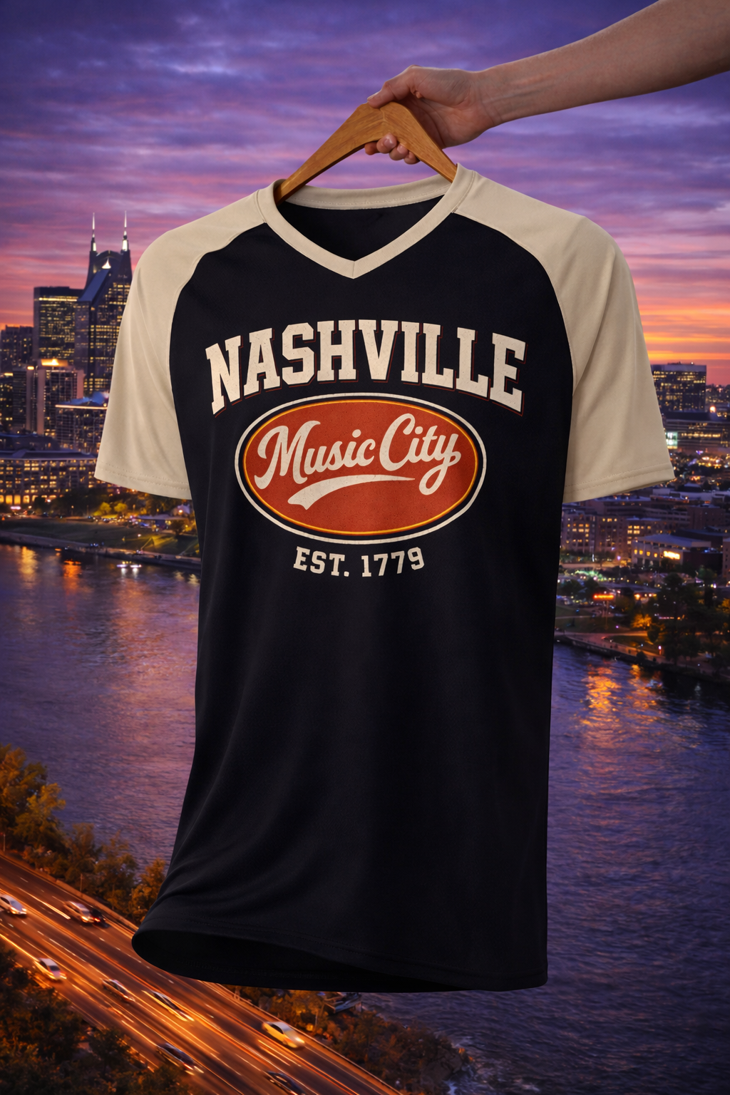 T-shirt with 'Nashville Music City' design held up against a cityscape at dusk.