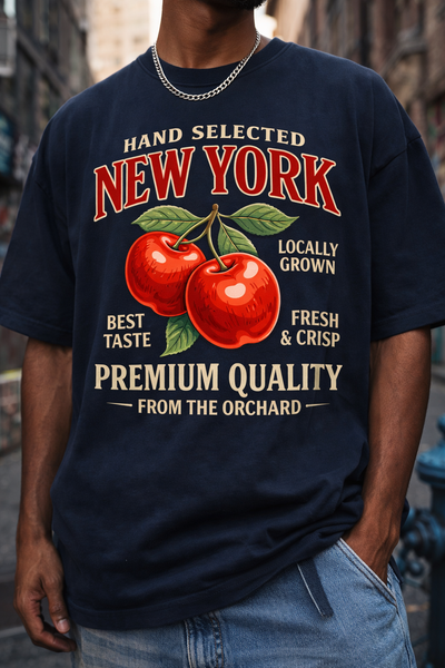 Person wearing a navy blue t-shirt with a graphic of apples and text about New York