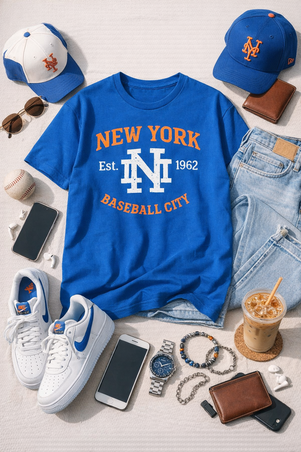 Collection of New York baseball-themed items including a t-shirt, shoes, and accessories on a light surface.