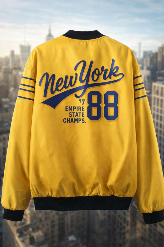 Yellow jacket with 'New York 88 Empire State Champs' text against a cityscape background