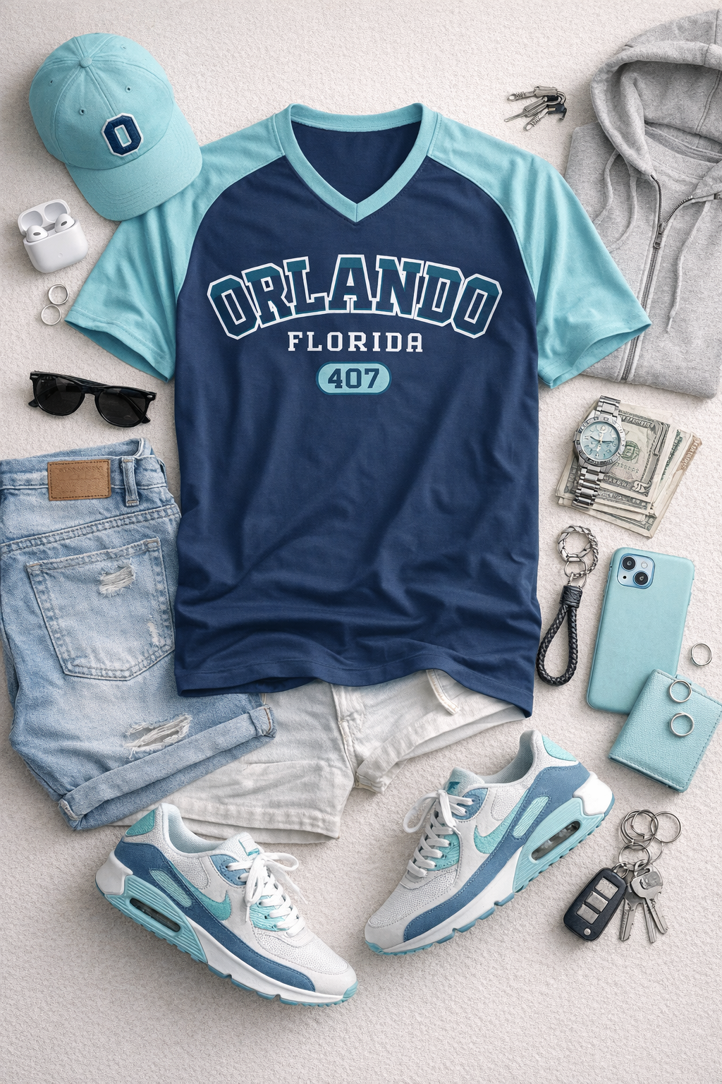 Orlando Florida 407 Shirt – Navy and Aqua V Neck T Shirt g