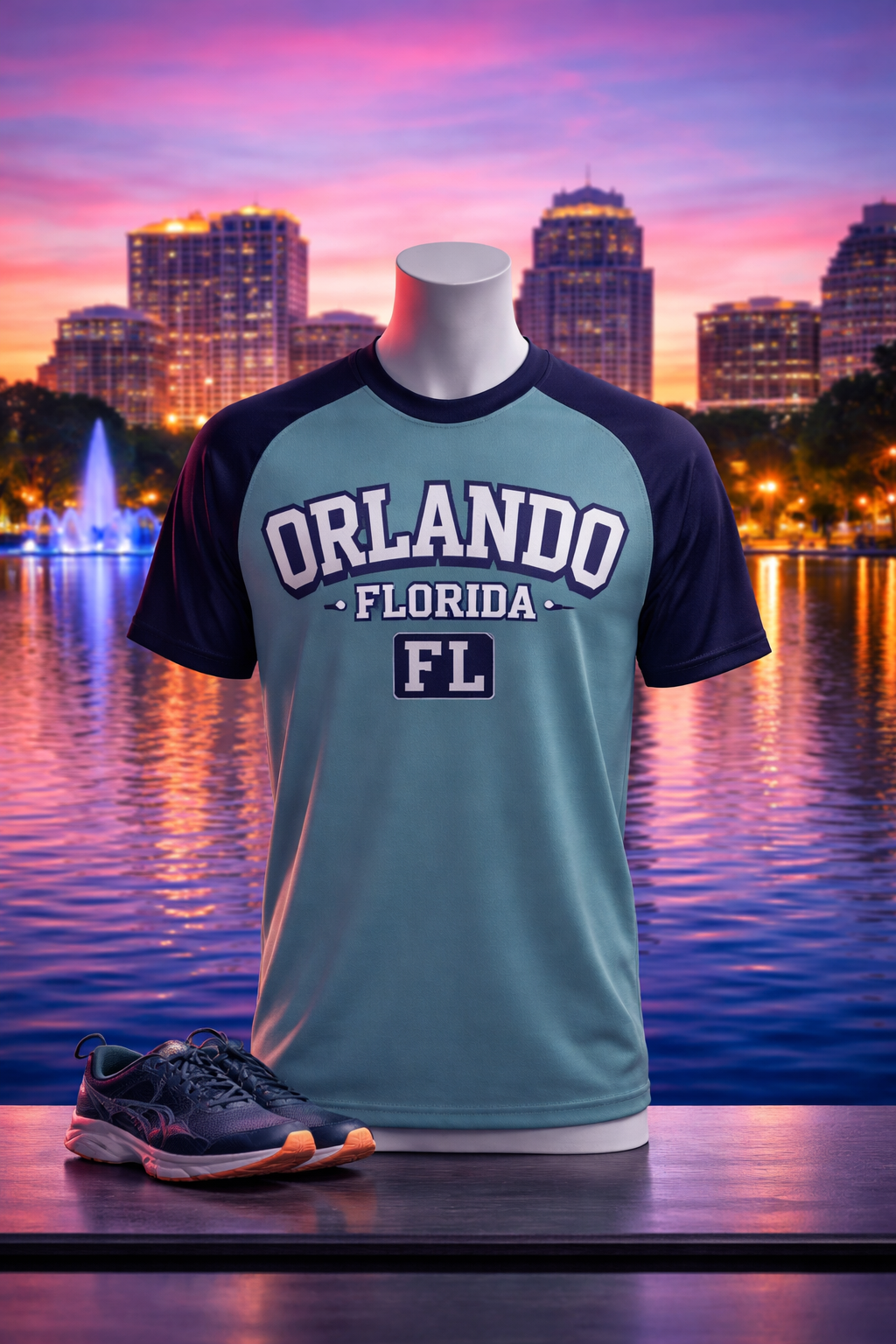 T-shirt with 'Orlando Florida FL' text on a mannequin against a cityscape background